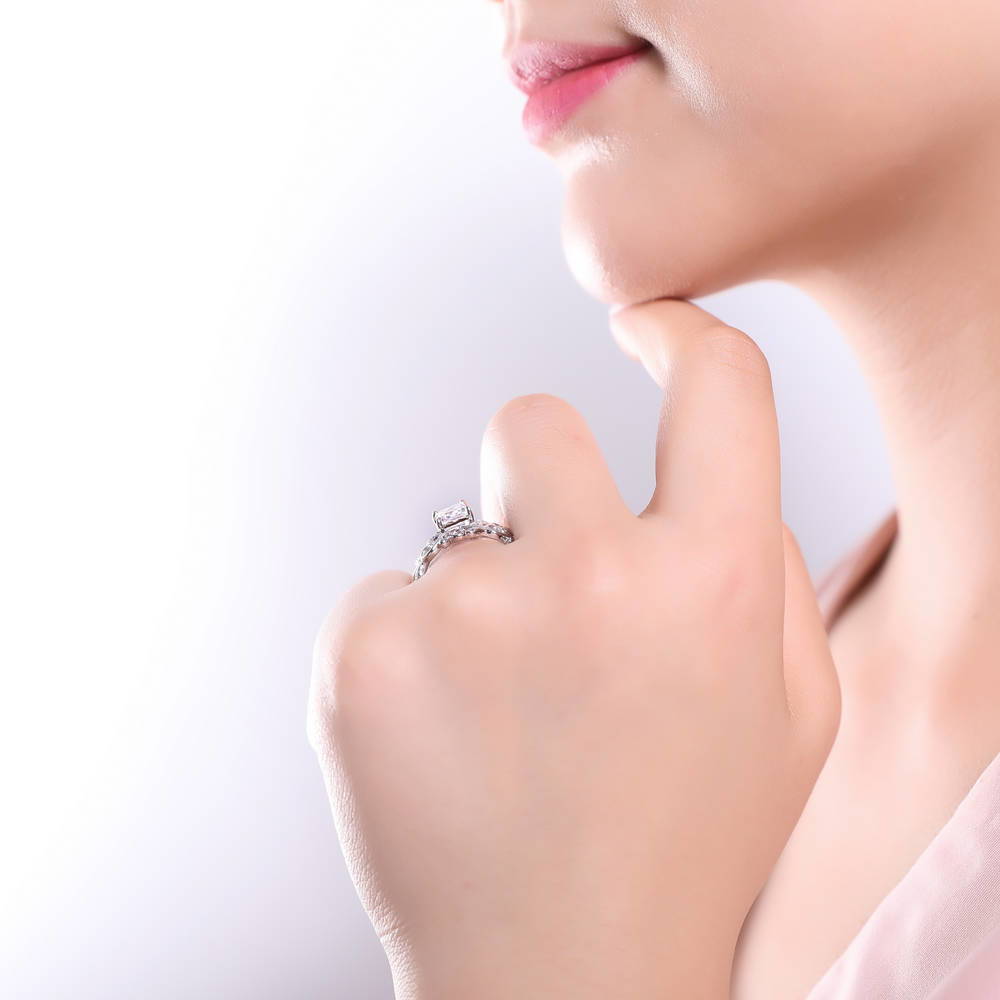 Model wearing Solitaire Leaf Filigree Princess CZ Ring Set in Sterling Silver, 6 of 13