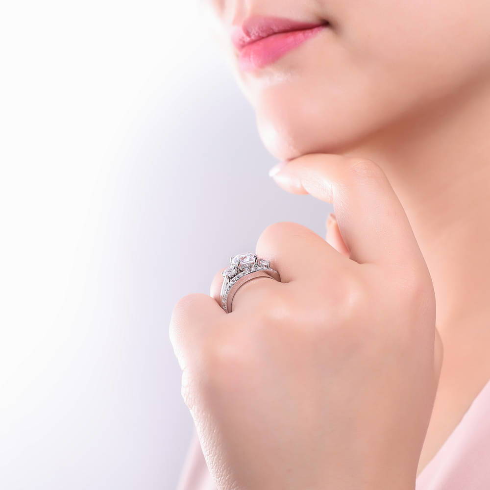 Model wearing 3-Stone Round CZ Ring Set in Sterling Silver, 6 of 13