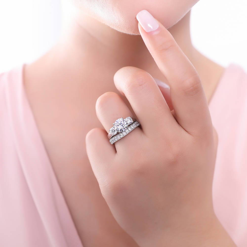 Model wearing 3-Stone Round CZ Ring Set in Sterling Silver, 5 of 13