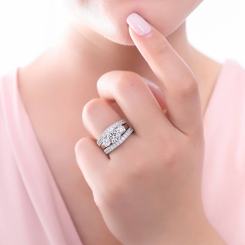 Model wearing 3-Stone 2.4ct CZ Ring Set in Sterling Silver, 2 of 13