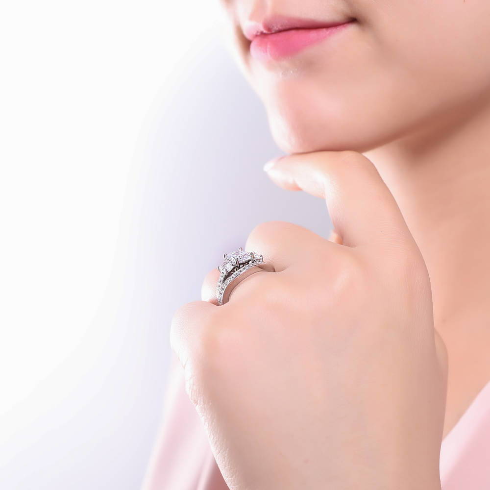 Model wearing 3-Stone 2.6ct Cushion CZ Ring Set in Sterling Silver, 6 of 13