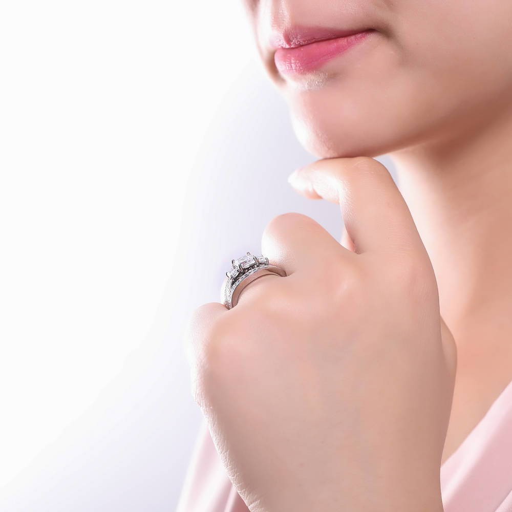 Model wearing 3-Stone 2.6ct Cushion CZ Ring Set in Sterling Silver, 6 of 14