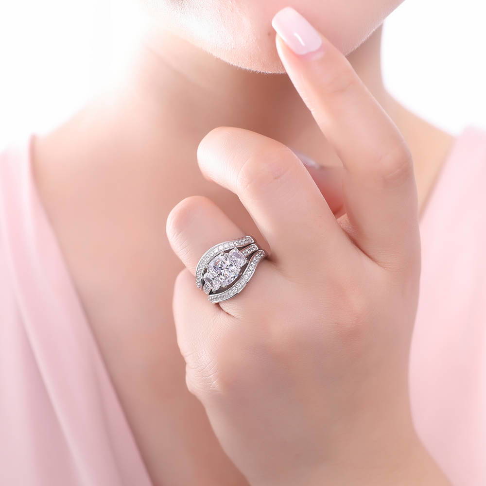 Model wearing 3-Stone 2.6ct Cushion CZ Ring Set in Sterling Silver, 2 of 14