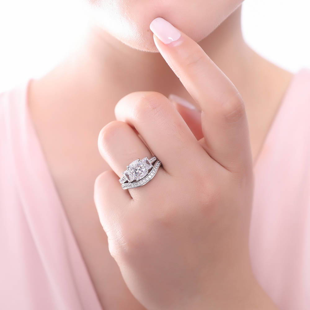 Model wearing 3-Stone Cushion CZ Ring Set in Sterling Silver, 2 of 11