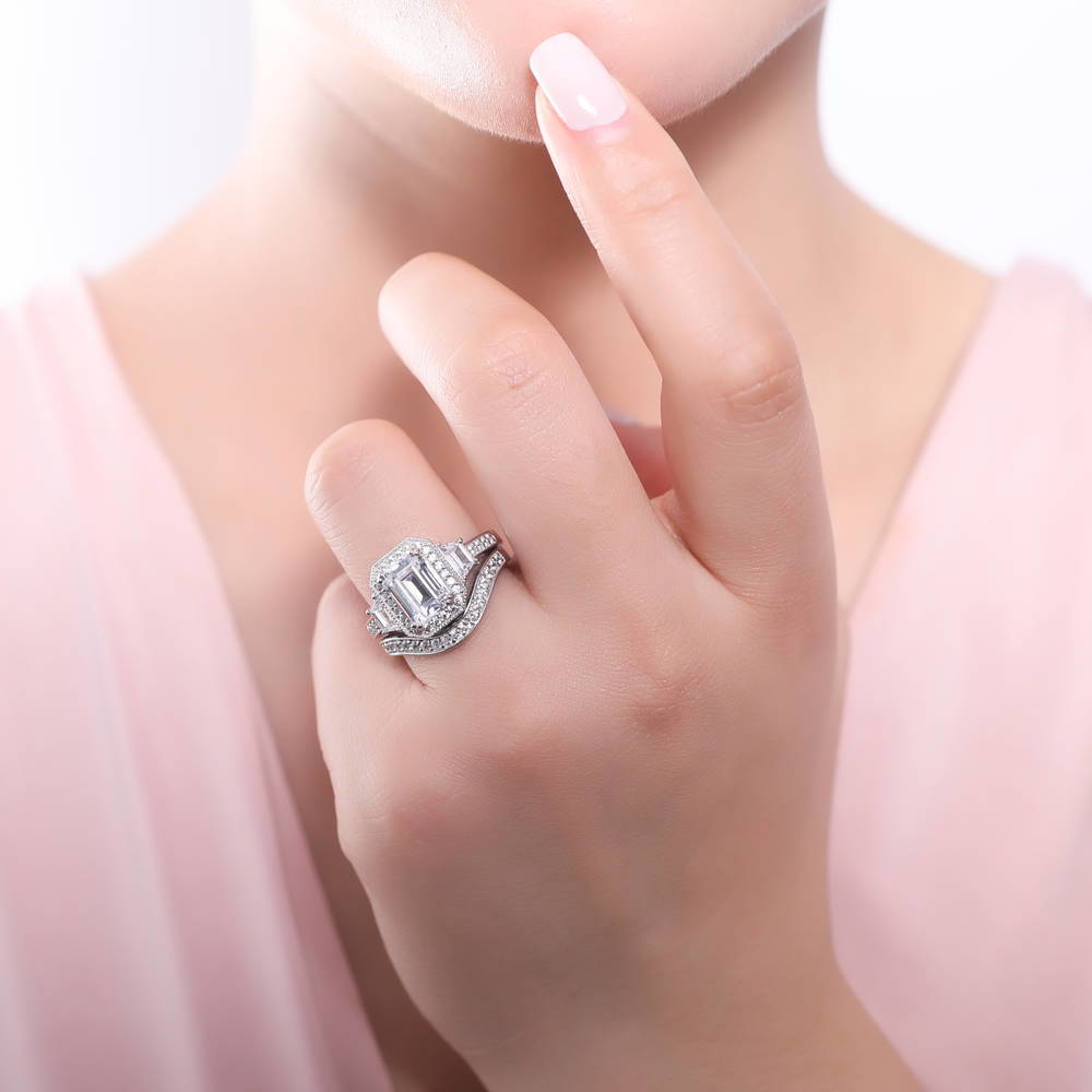 Model wearing Halo Emerald Cut CZ Ring in Sterling Silver, 6 of 11