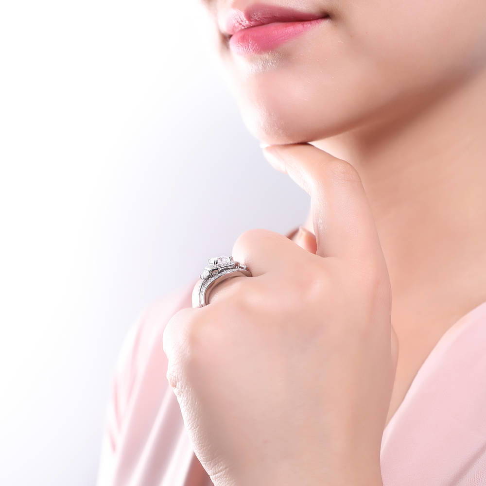Model wearing Halo Emerald Cut CZ Ring in Sterling Silver, 8 of 11