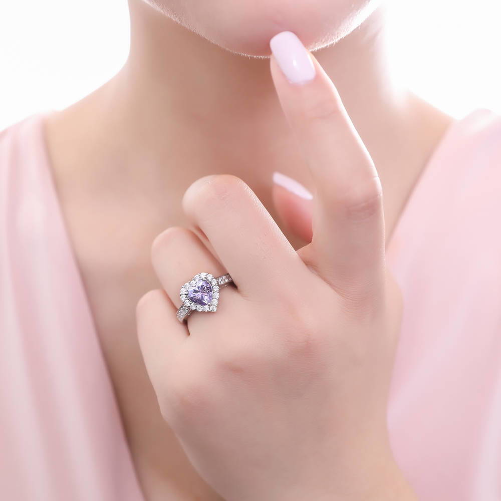 Model wearing Halo Heart Purple Heart CZ Ring Set in Sterling Silver, 13 of 19