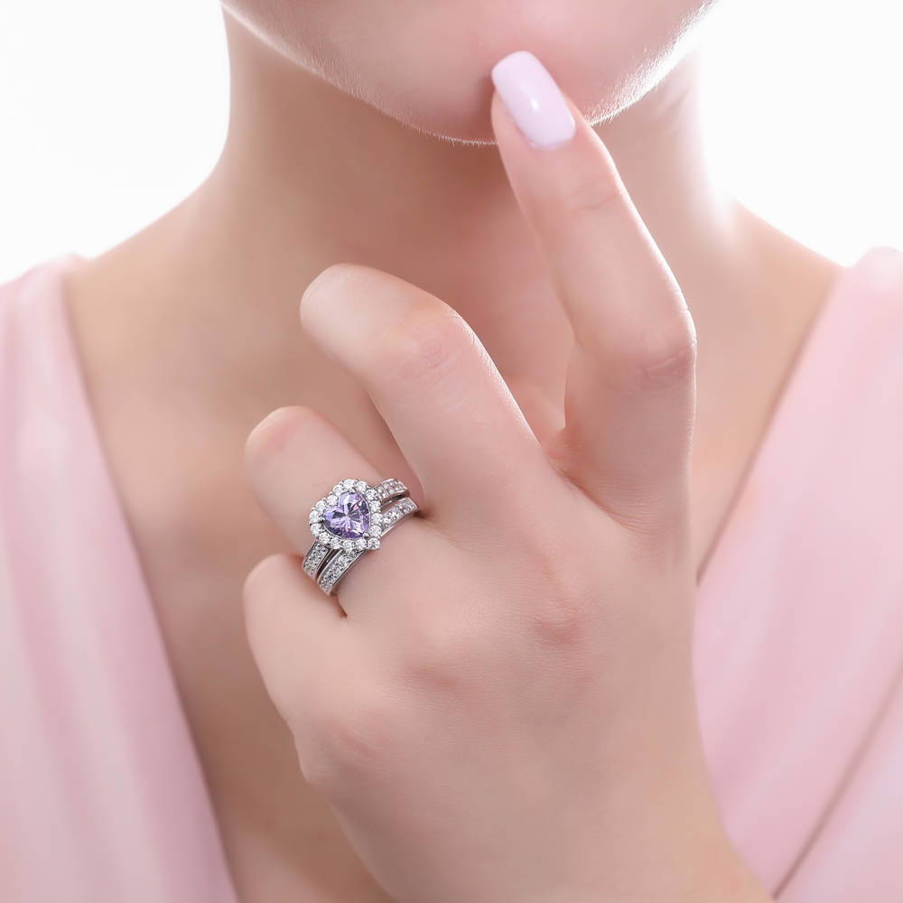 Model wearing Halo Heart Purple Heart CZ Ring Set in Sterling Silver, 6 of 19