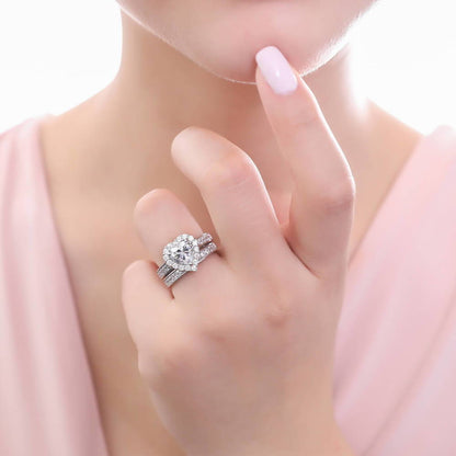 Halo Heart Heart CZ Ring Set in Sterling Silver