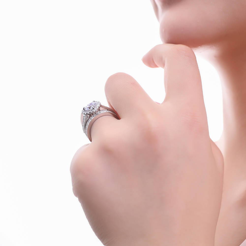 Model wearing Halo Heart CZ Statement Ring Set in Sterling Silver, 3 of 10