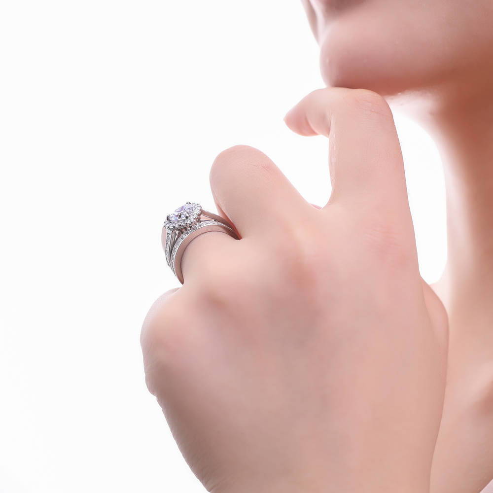 Model wearing Halo Heart Heart CZ Ring Set in Sterling Silver, 3 of 10