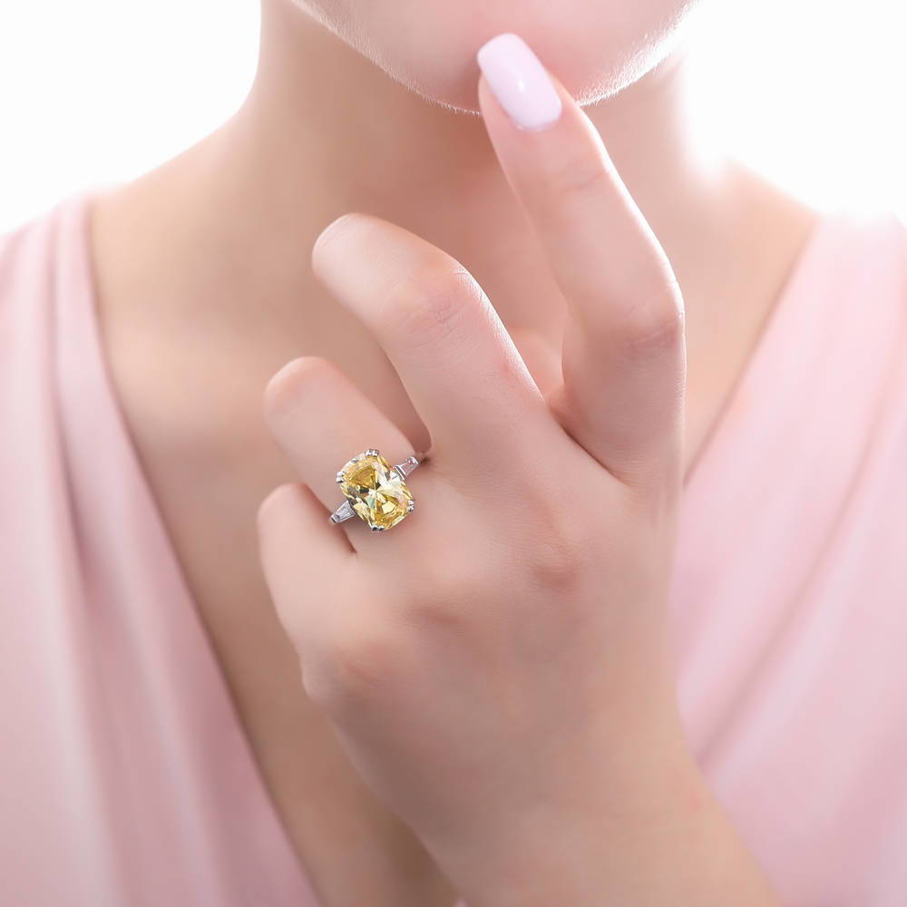 Model wearing 3-Stone Canary Yellow Cushion CZ Statement Ring in Sterling Silver, 2 of 10