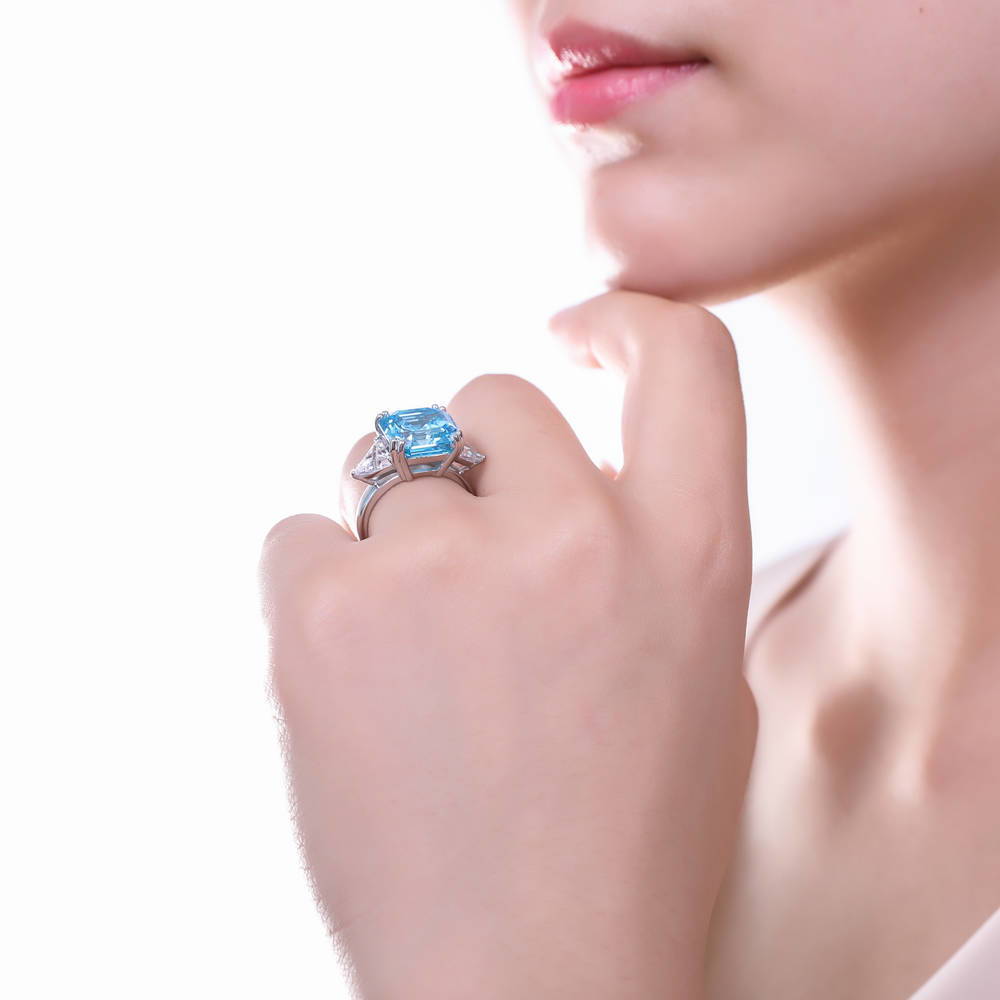 3-Stone Blue Asscher CZ Statement Ring in Sterling Silver