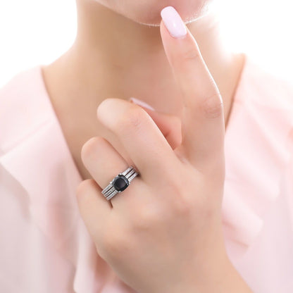 Solitaire 3ct Black Cushion CZ Ring Set in Sterling Silver