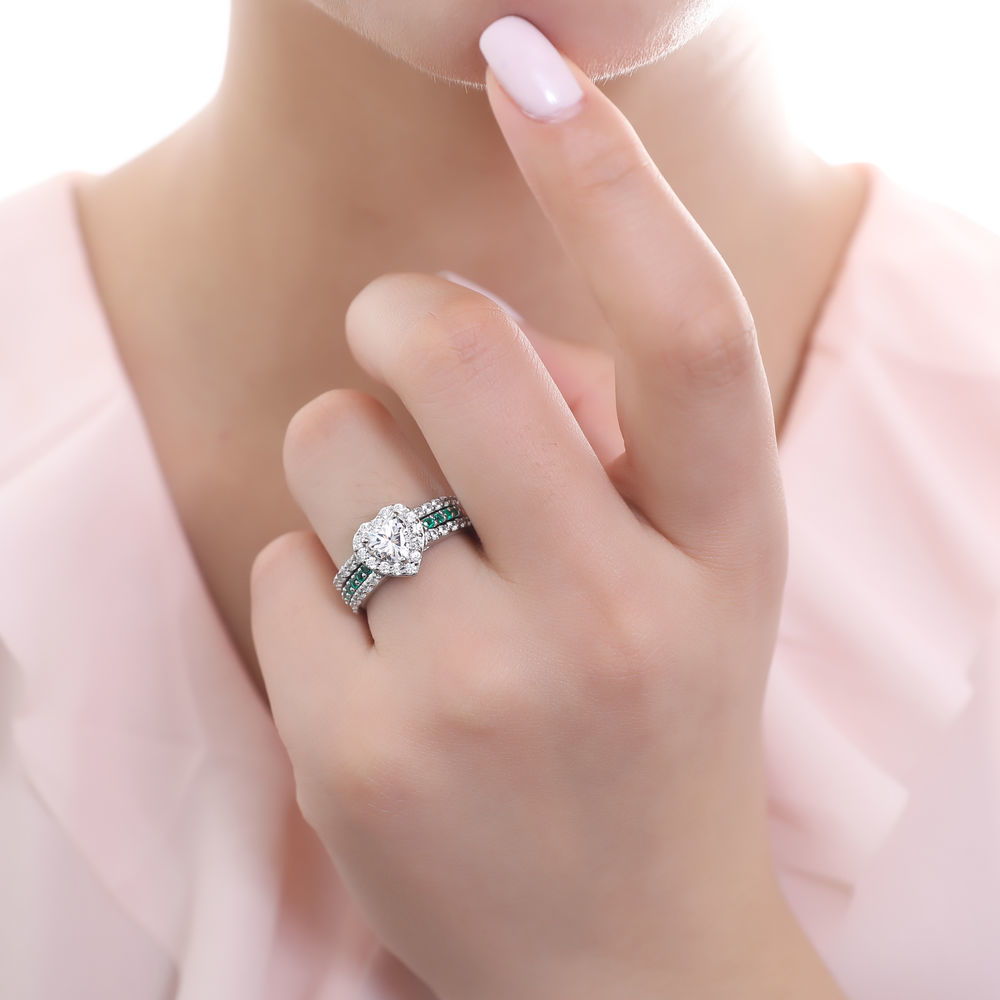 Model wearing Halo Heart Heart CZ Insert Ring Set in Sterling Silver, 2 of 9