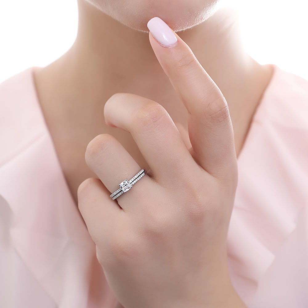 Model wearing Solitaire 0.6ct Cushion CZ Ring Set in Sterling Silver, 5 of 9