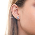 Model wearing Solitaire Bezel CZ Stud Earrings in Sterling Silver, 4mm