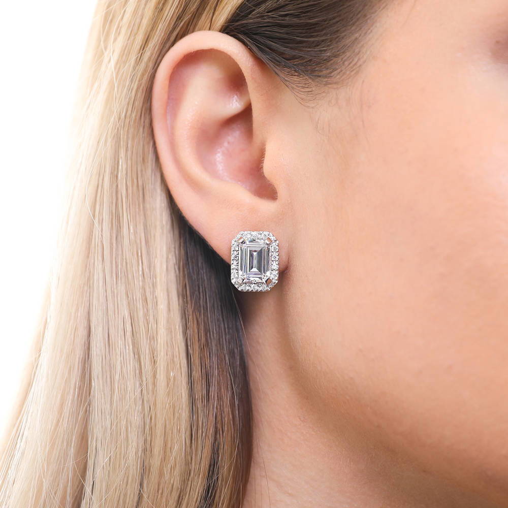 East-West Halo CZ Necklace and Earrings Set in Sterling Silver