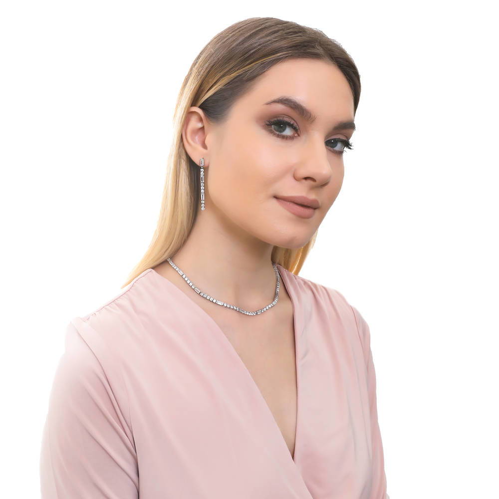 Model wearing Bar Art Deco CZ Earrings in Sterling Silver, 8 of 11