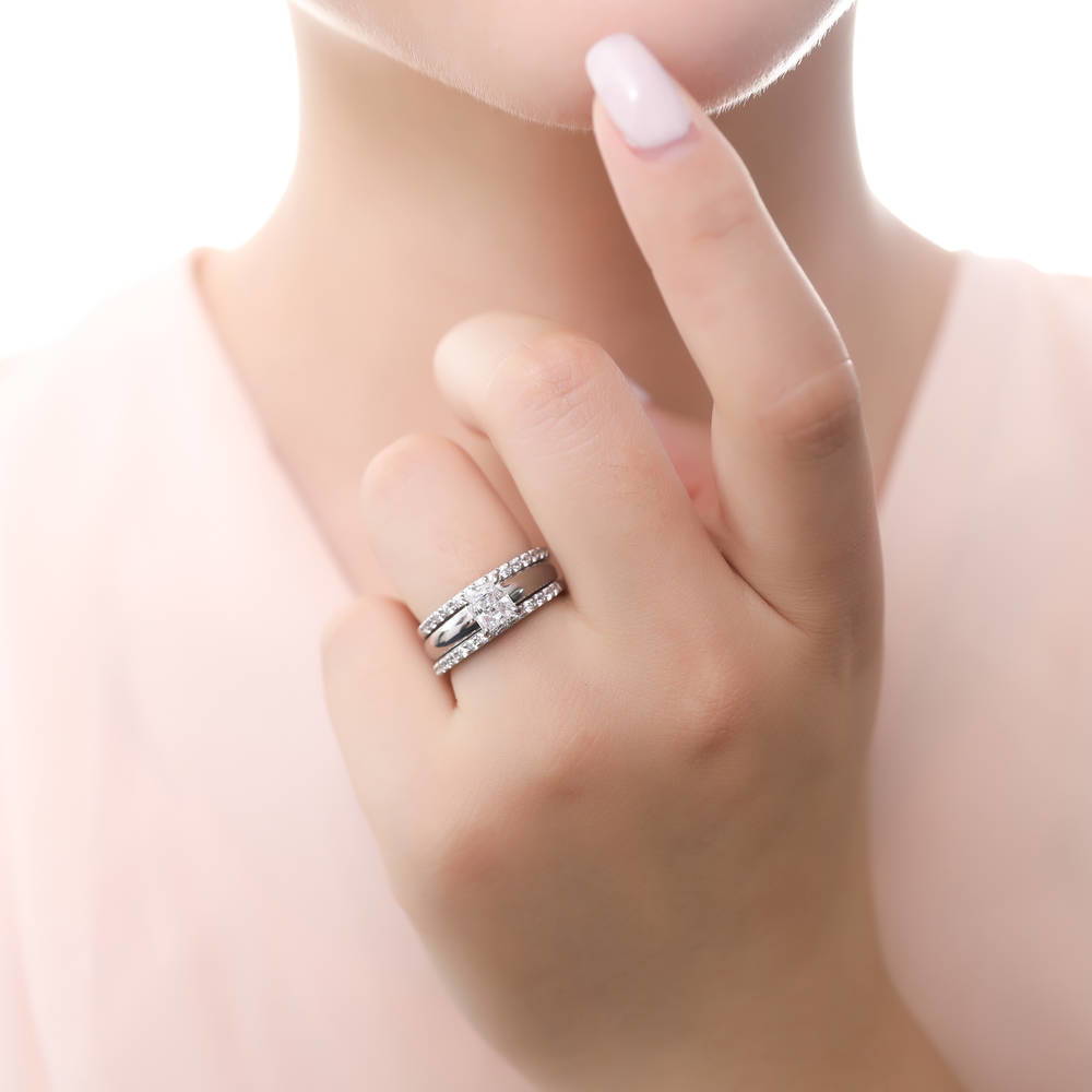 Model wearing Solitaire 1.2ct Princess CZ Ring Set in Sterling Silver, 2 of 12