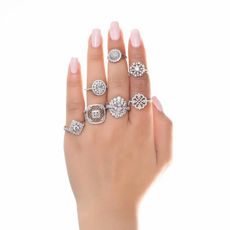 Image Contain: Model Wearing Art Deco Ring, Flower Ring, Flower Split Shank Ring, Halo Ring
