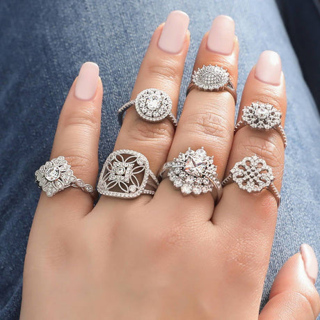 Image Contain: Model Wearing Art Deco Ring, Flower Ring, Flower Split Shank Ring, Halo Ring