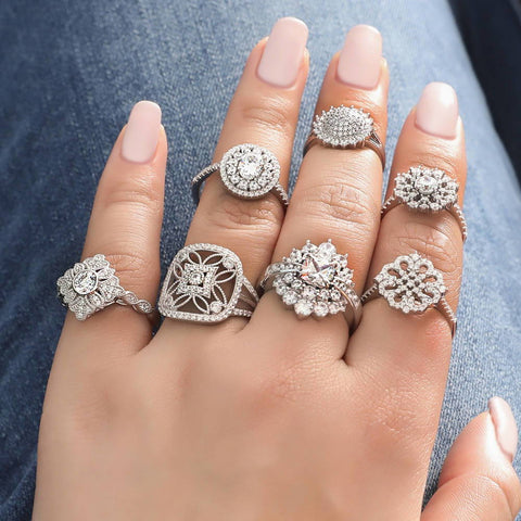 Image Contain: Model Wearing Art Deco Ring, Flower Ring, Flower Split Shank Ring, Halo Ring
