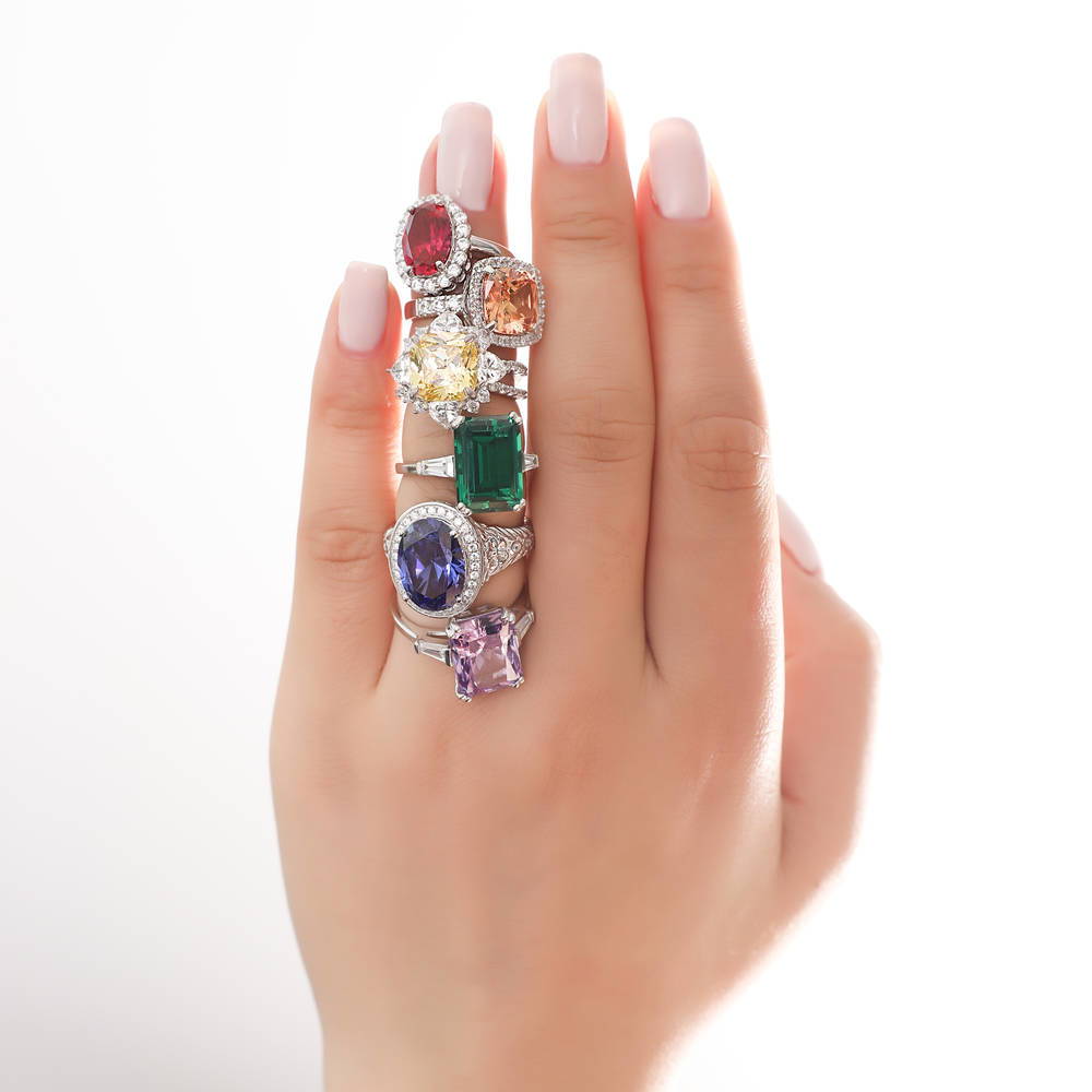 Image Contain: Model Wearing 3-Stone Ring, Halo Ring, Halo Split Shank Ring, Solitaire with Side Stones Ring