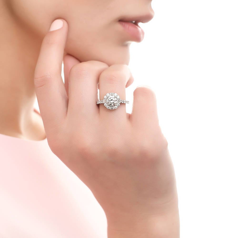 Model wearing Halo Art Deco CZ Ring in Sterling Silver, 2 of 6