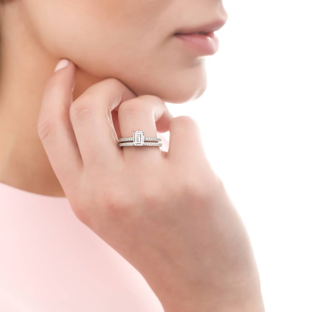 Model wearing Pave CZ Eternity Ring in Sterling Silver, 6 of 20