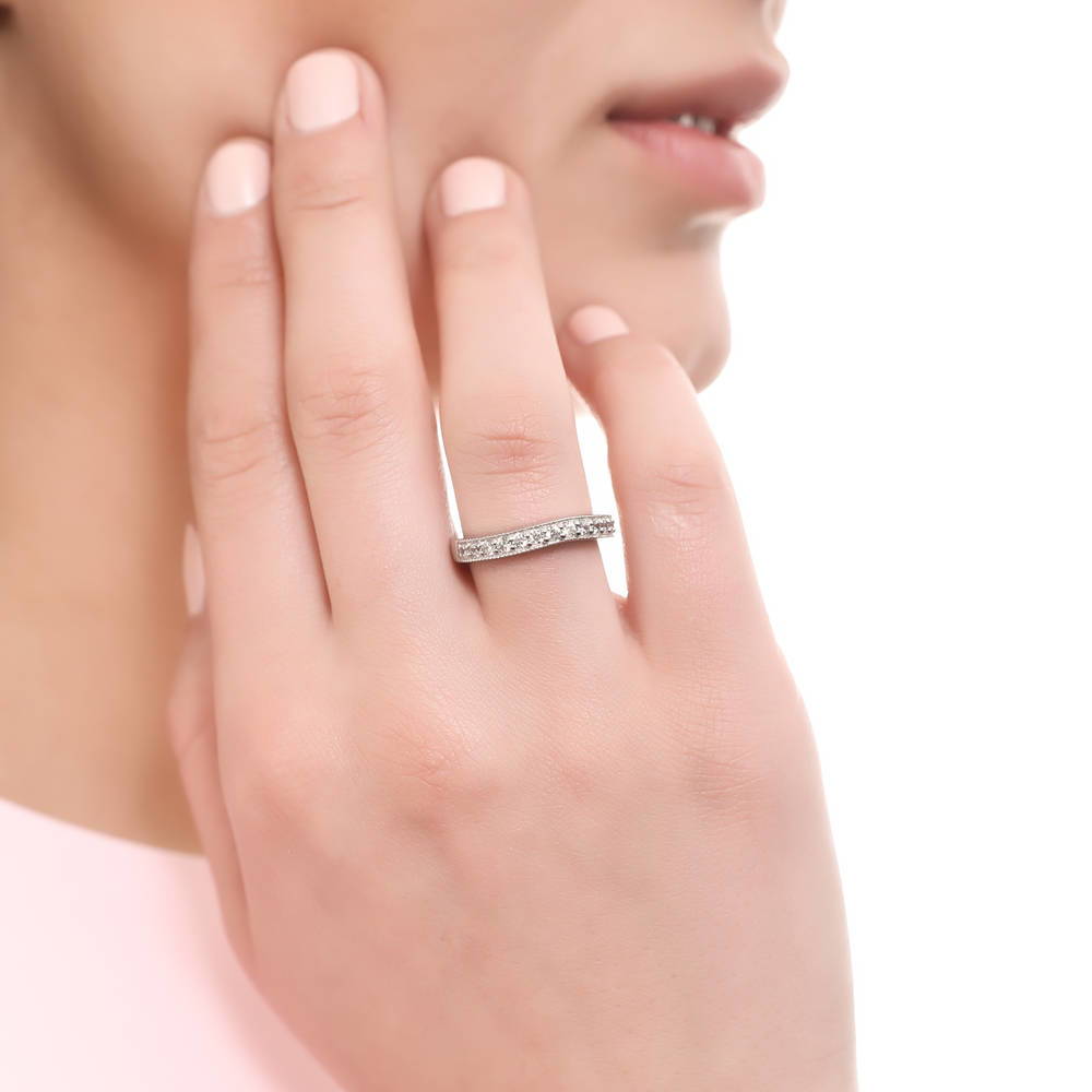 Model wearing 3-Stone Kaleidoscope Purple Aqua Cushion CZ Ring Set in Sterling Silver