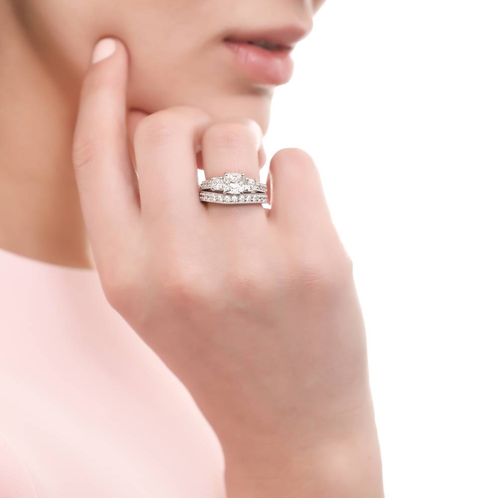 Model wearing 3-Stone Cushion CZ Ring Set in Sterling Silver, 2 of 9