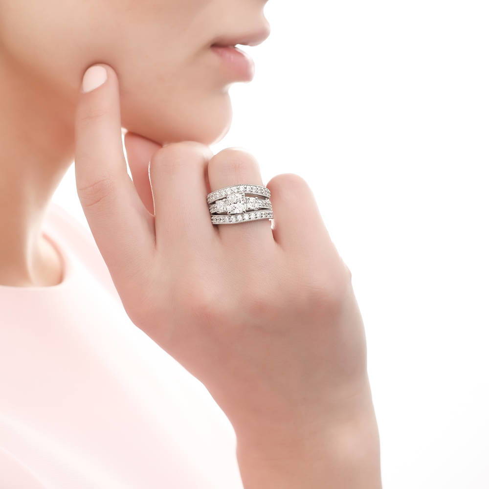 Model wearing 3-Stone 1.5ct Cushion CZ Ring Set in Sterling Silver, 2 of 10