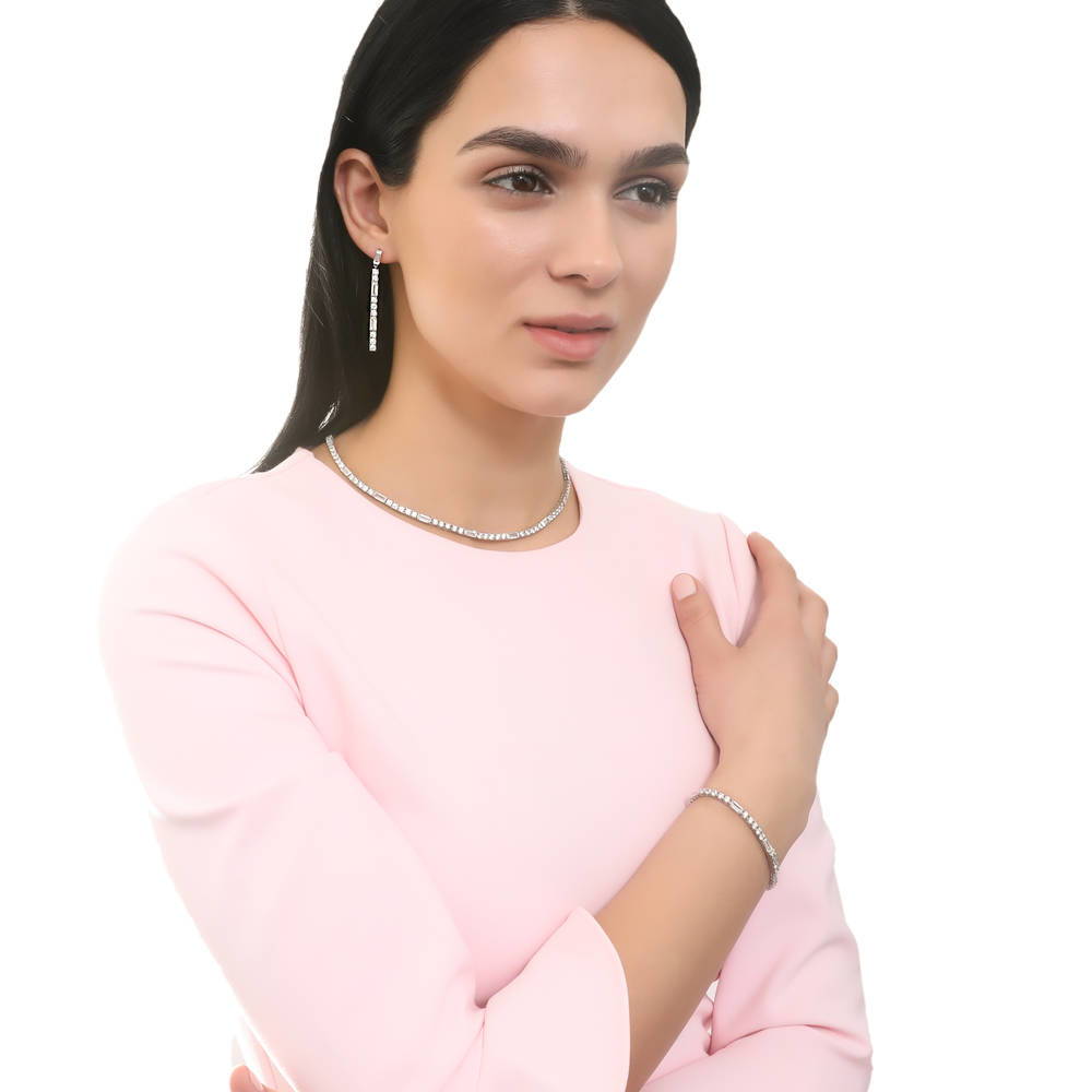Model wearing Bar Art Deco CZ Earrings in Sterling Silver, 10 of 11