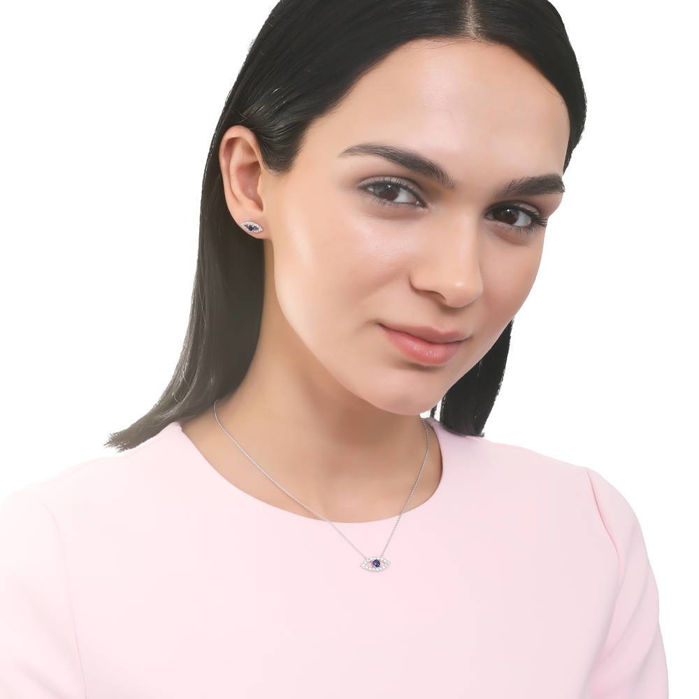 Model wearing Evil Eye Paperclip CZ Chain Necklace in Sterling Silver, 2 Piece, 7 of 16