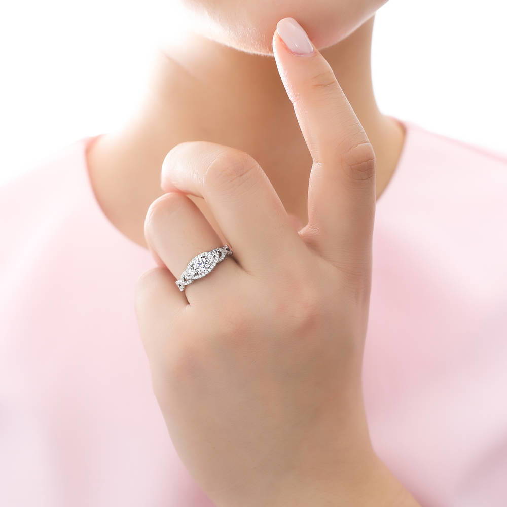 Model wearing 3-Stone Woven Round CZ Ring in Sterling Silver, 2 of 6