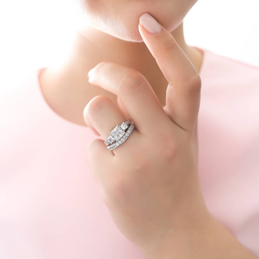 Model wearing 3-Stone Princess CZ Ring Set in Sterling Silver, 5 of 15