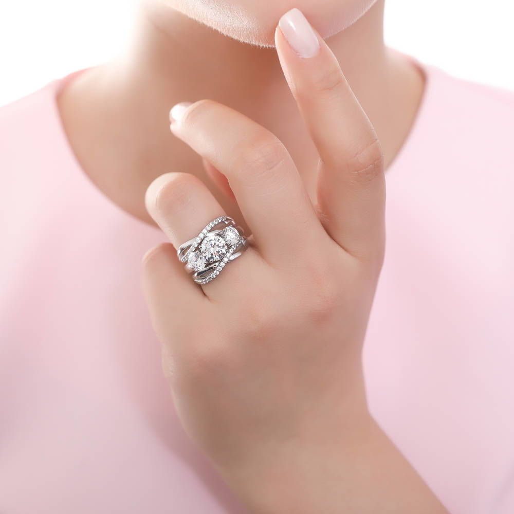 Model wearing 3-Stone Round CZ Ring in Sterling Silver, 10 of 12