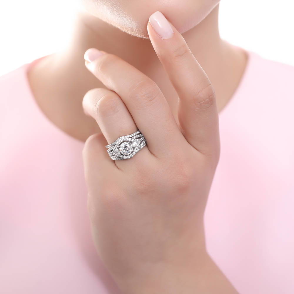 Model wearing 3-Stone Round CZ Ring Set in Sterling Silver, 5 of 16