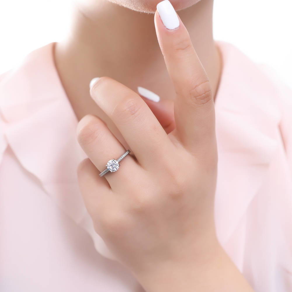 Model wearing Solitaire 1ct Round CZ Ring in Sterling Silver, 5 of 9