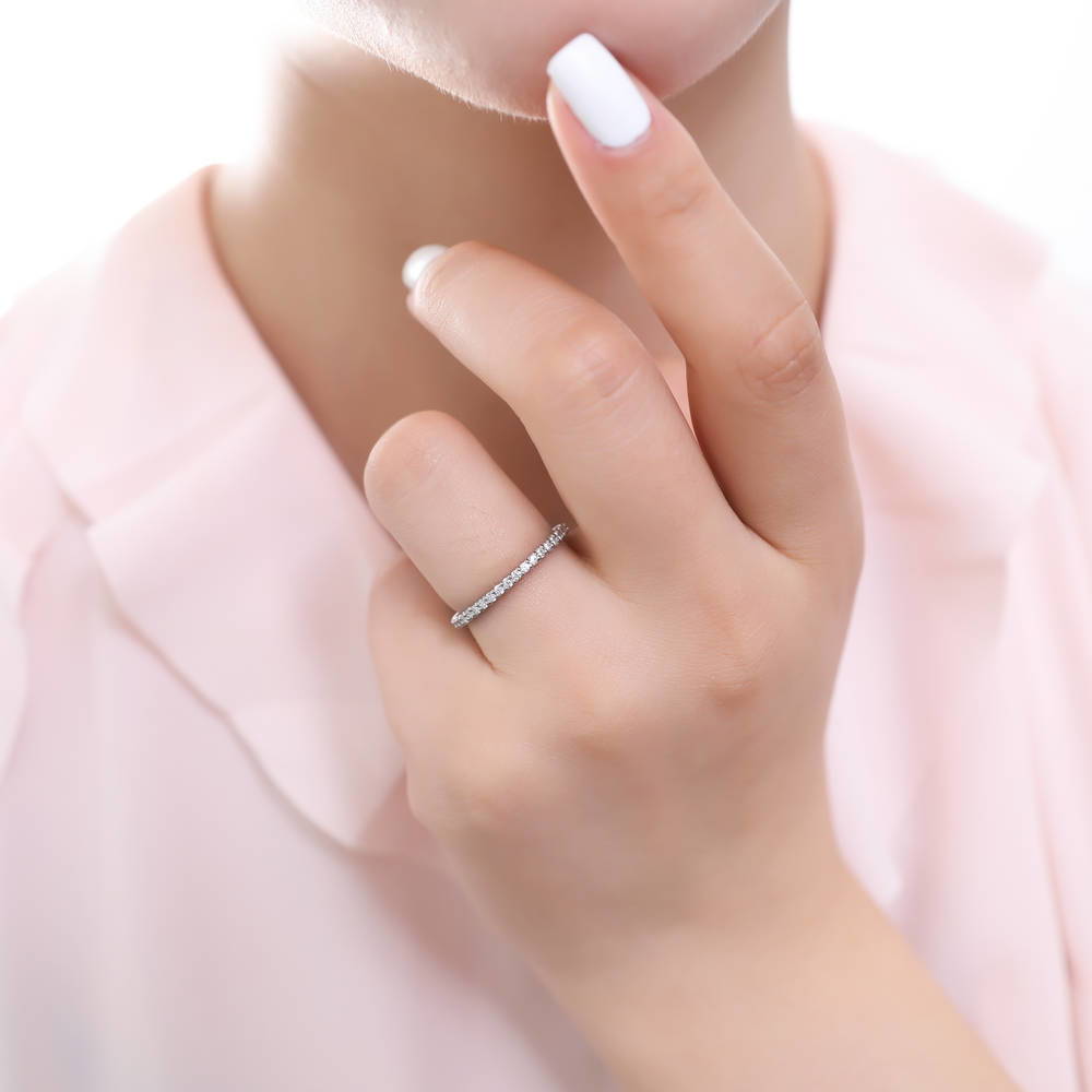 Model wearing Solitaire 2ct Asscher CZ Ring Set in Sterling Silver, 8 of 11