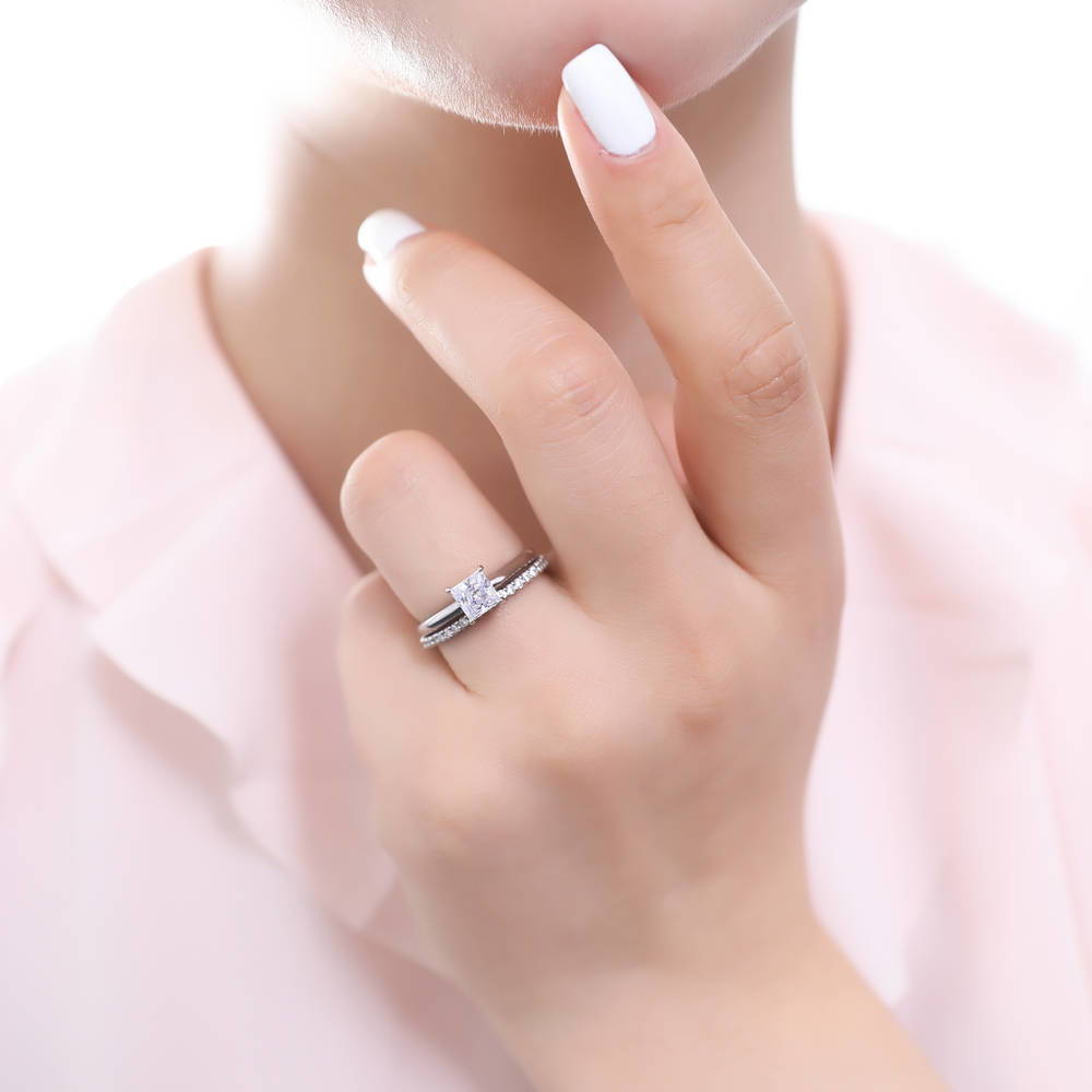 Model wearing Solitaire 1ct Princess CZ Ring Set in Sterling Silver, 2 of 11