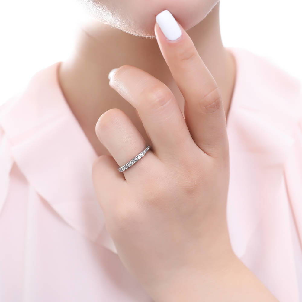 Model wearing Woven Bubble Bezel Set CZ Eternity Ring Set in Sterling Silver