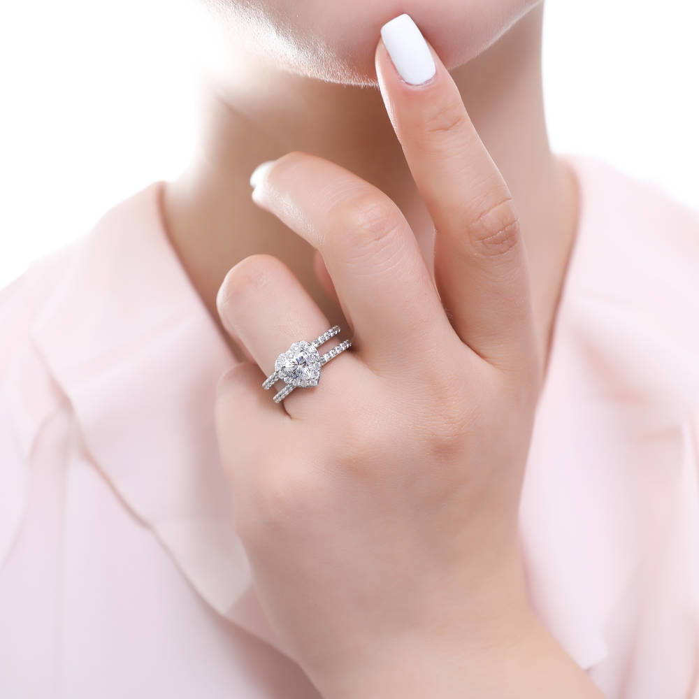 Model wearing Halo Heart CZ Ring in Sterling Silver