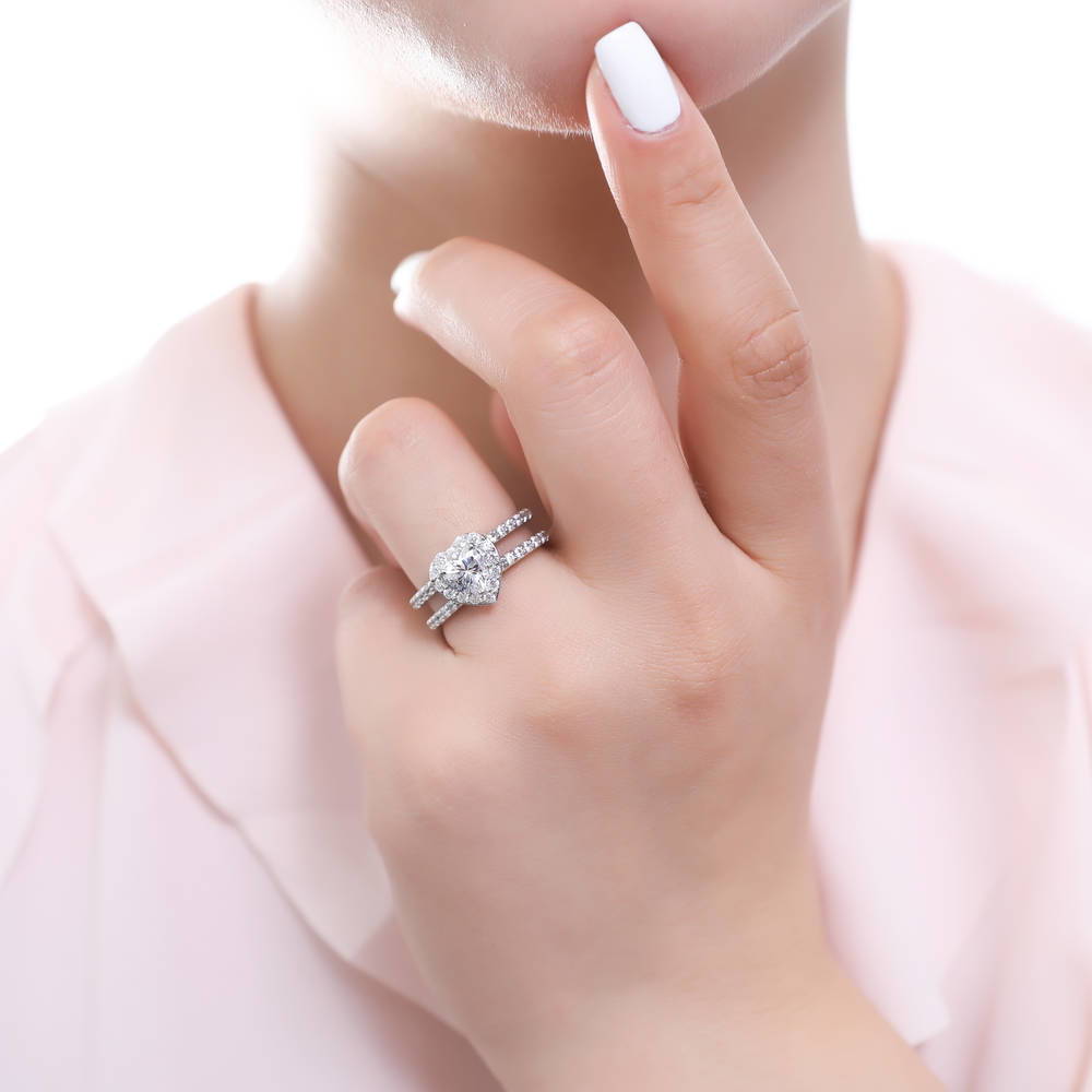 Model wearing Halo Heart Heart CZ Insert Ring Set in Sterling Silver, 6 of 9