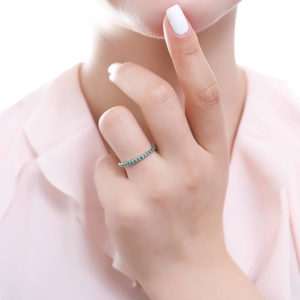 Model wearing Halo Heart CZ Insert Ring Set in Sterling Silver, 7 of 9