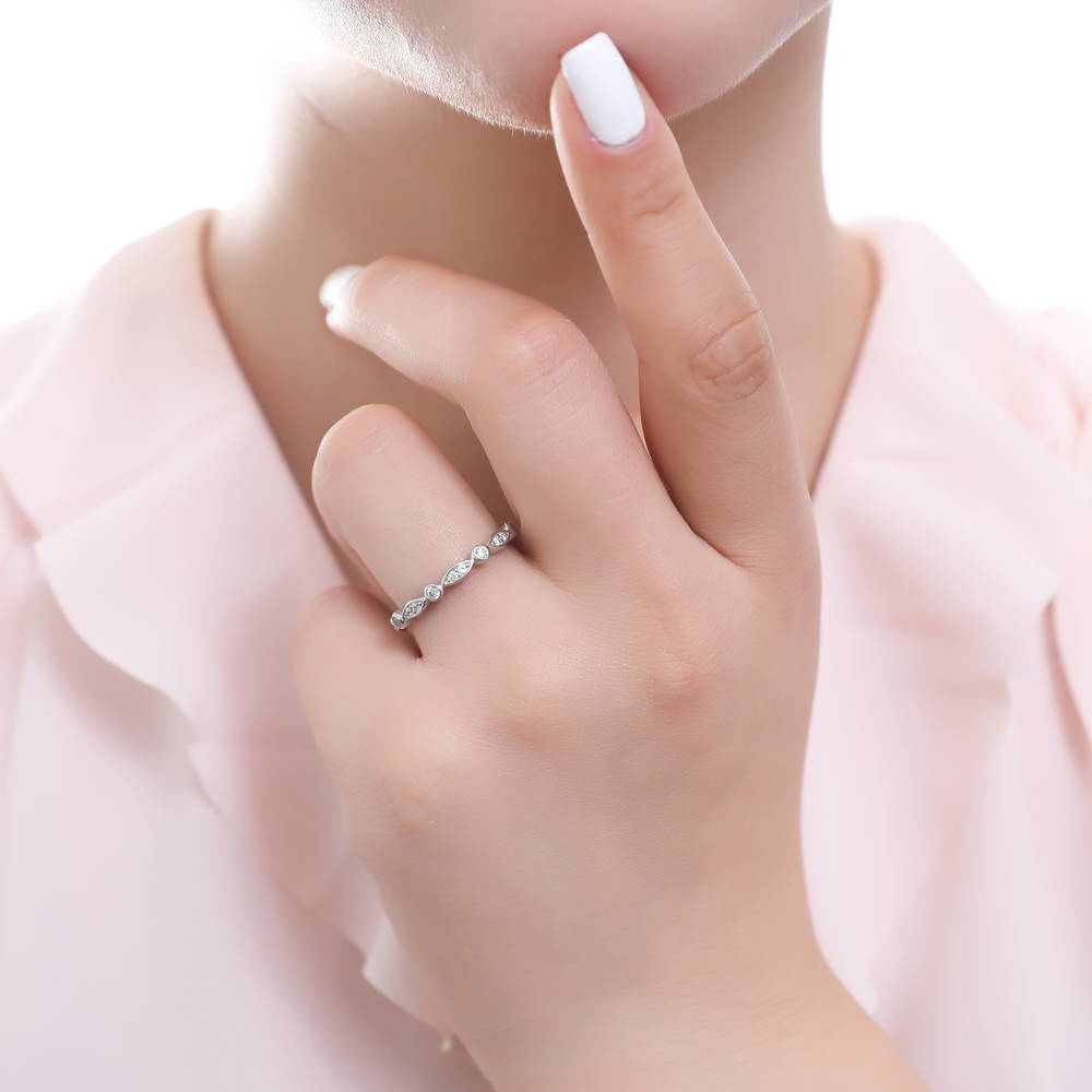 Model wearing Bubble Bezel CZ Eternity Ring Set in Sterling Silver, 7 of 9