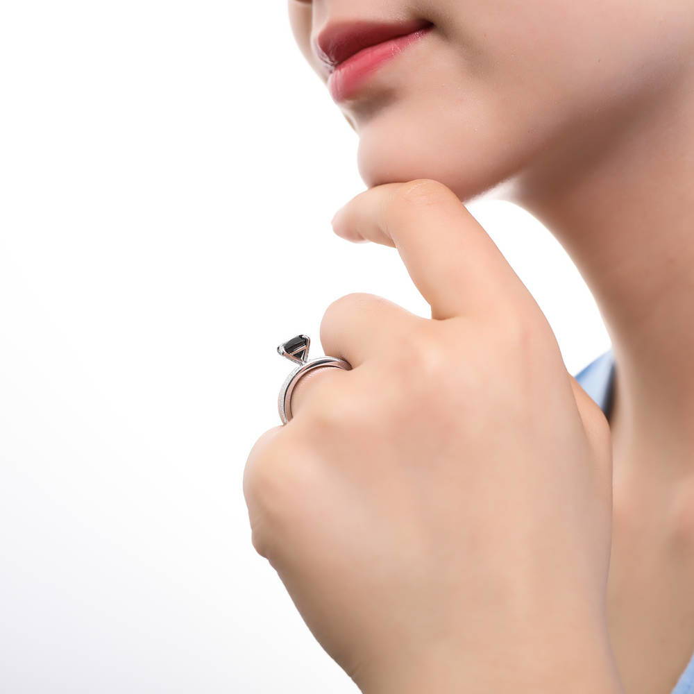 Model wearing Solitaire 3ct Black Cushion CZ Ring Set in Sterling Silver, 3 of 10