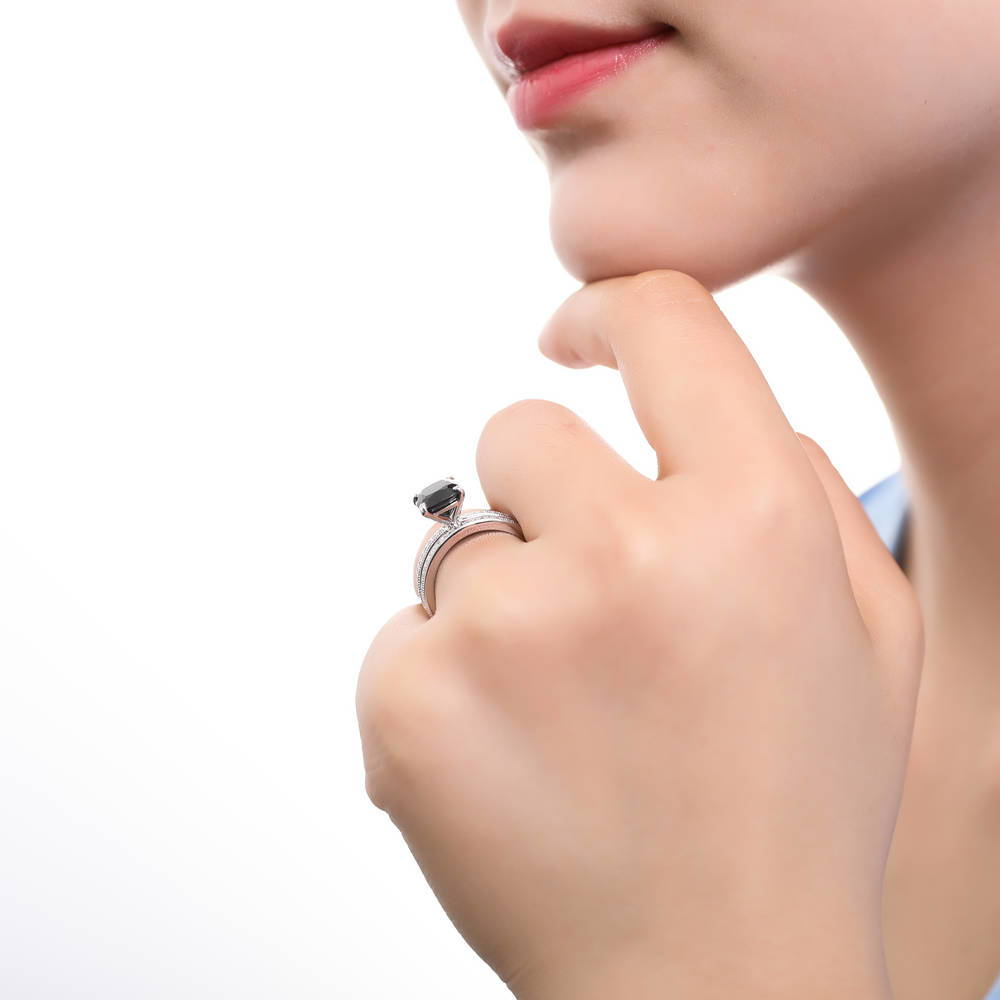 Model wearing Solitaire Black Cushion CZ Stackable Ring Set in Sterling Silver, 3 of 10