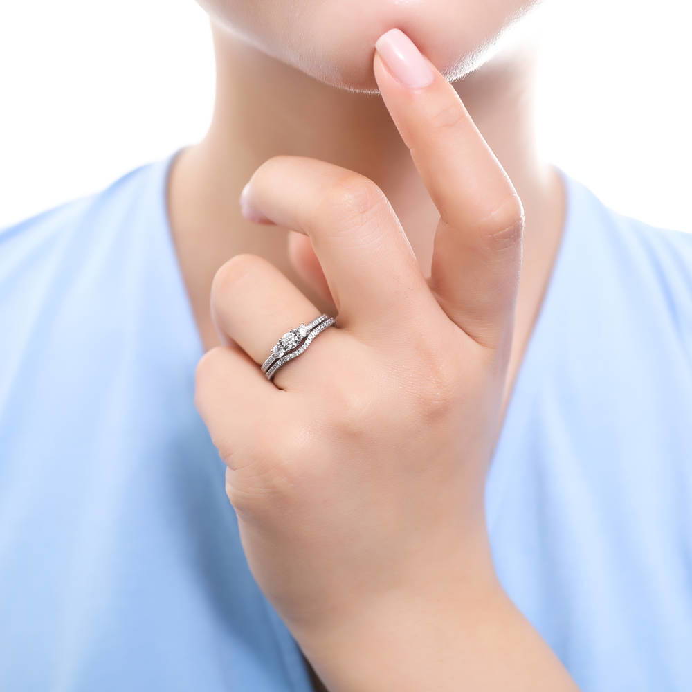 Model wearing 3-Stone Wishbone 0.25ct CZ Ring Set in Sterling Silver, 2 of 12